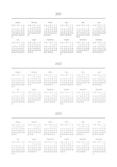 A5 format. Organizer and bullet journal printable page. Perfect minimalist calendar. 2021, 2022, 2023. Week starts at Sunday. European English Gregorian calendar. Planner sticker. Stationery. Vector.	