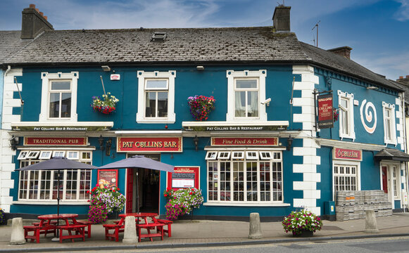 View of a typical Irish pub with the blue facade in the town of Adare. Photographed on August 11, 2016.