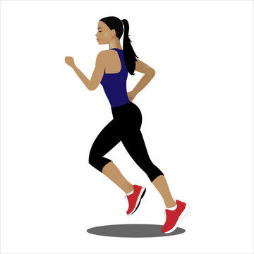 Cute running girl in cartoon style. Fitness girl walking.Motivational poster design, articles about fitness.Running woman, jogging in sportswear.
