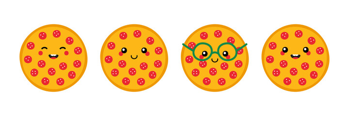 Set, collection of cute and smiling cartoon style round pepperoni pizza characters for fast food design.