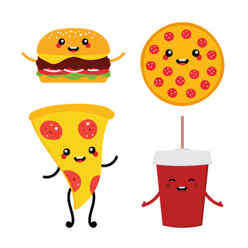 Set, collection of cute vector cartoon fast food characters. Cheeseburger, whole pizza and pizza slice and soft drink with straw smiling characters.