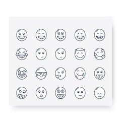 Cute emoji collection line icons set. Grinning, beaming, starry eyed face and more. . Outline drawn cartoons. Facial expression emoticons. Isolated vector illustrations. Editable stroke 