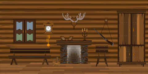 interior of a hunting wooden log house