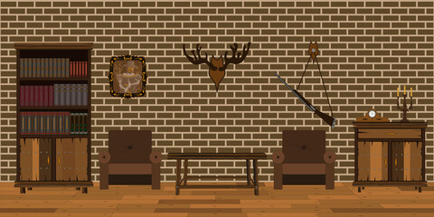 Living room interior with kinpichnaya wall and wooden floor
