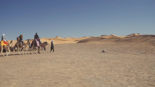 Tourists Riding Camels In Desert Landscape