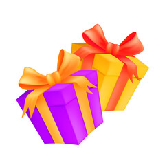 Two gift boxes with golden and red ribbons and bows. Vector illustration of wrapped carton presents isolated on white background