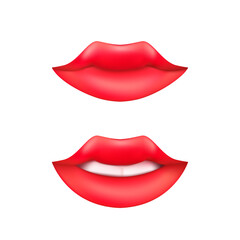 Set of smiling woman mouth or cartoon lips with teeth and red lipstick isolated on a white background