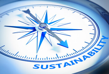 Silver and blue compass with needle pointing to the word sustainability - 3D illustration