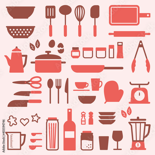 バレンタインカラーのかわいいキッチンツール Kitchen Tools Vector Art Wall Mural Natsumi