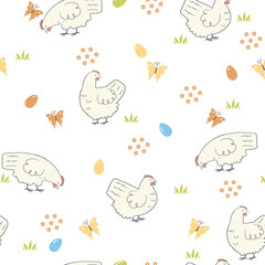 Easter seamless pattern with chickens. Vector graphics.
