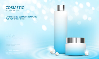 cosmetic product poster, bottle package design with moisturizer cream or liquid, sparkling background with glitter polka, vector design.