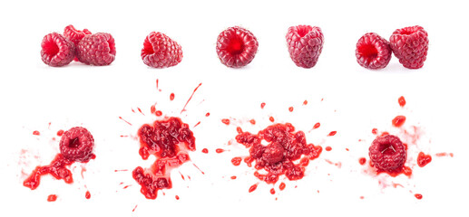 Smashed raspberries isolated on white - obrazy, fototapety, plakaty