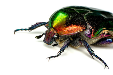 Rose chafer, Cetonia aurata, isolated on white background. Beautiful iridescent beetle. Extreme macro.