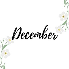 Month of December with flower frame in white background