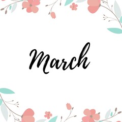 Month of March with pink flower frame in white background