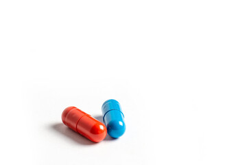 Macro of medicine capsules on white background
