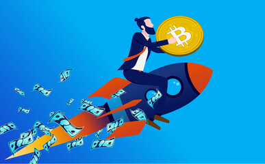 Bitcoin going up - Man on rocket flying to the sky holding crypto currency in hands. Investing and profits concept. Vector illustration.