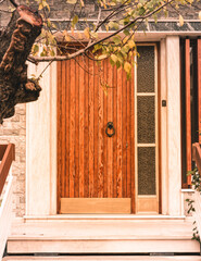 contemporary house main entrance natural wood door and side transom window - obrazy, fototapety, plakaty