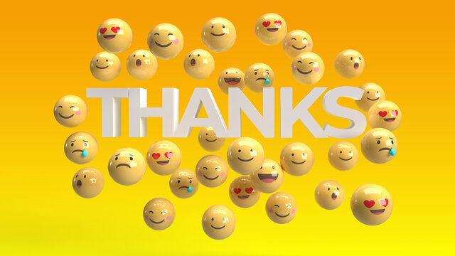 3D emoji balls with thanks text in yellow background