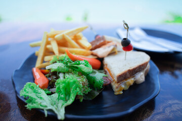 Cozy holiday breakfast sandwich by the sea