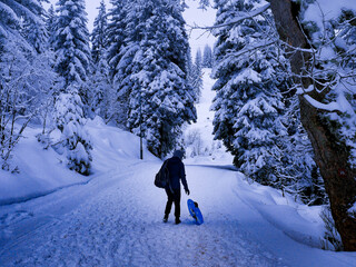 man with sledge in snow
