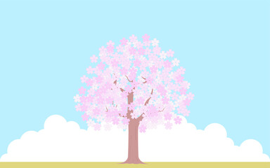 満開の桜の木、青空と雲の背景、イラスト素材