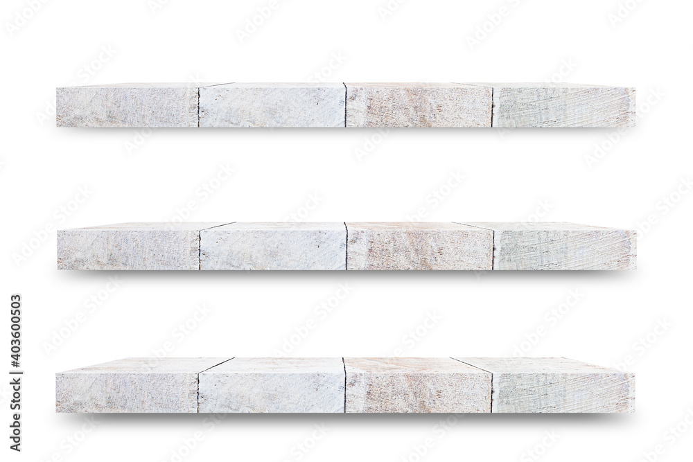 Poster Shelf wooden isolated on a white background and display montage for the product Embed Clipping Path separate with black shadows.
