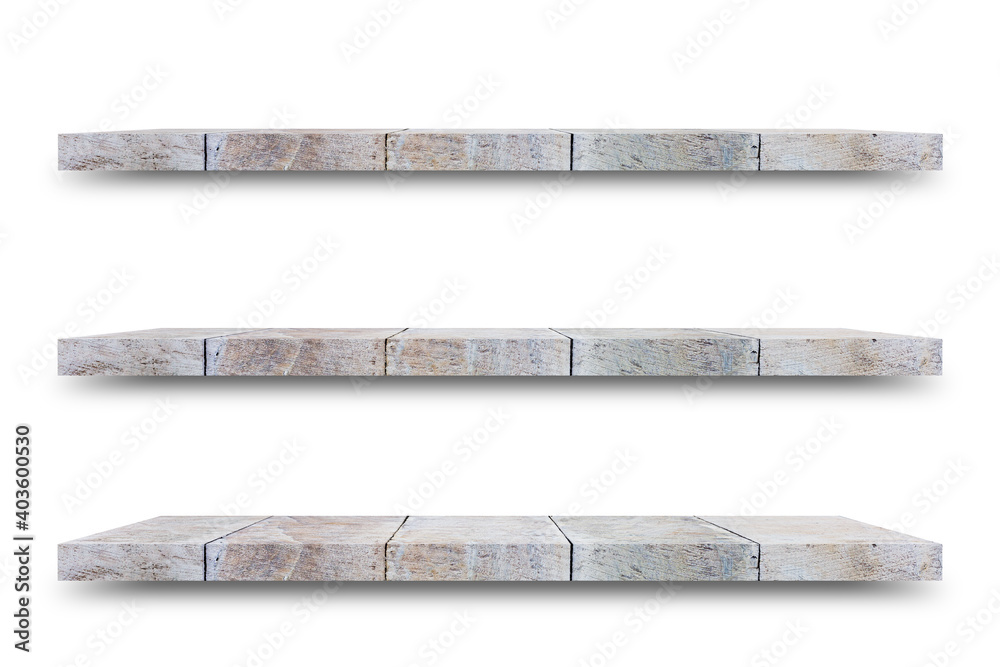 Poster Shelf wooden isolated on a white background and display montage for the product Embed Clipping Path separate with black shadows.