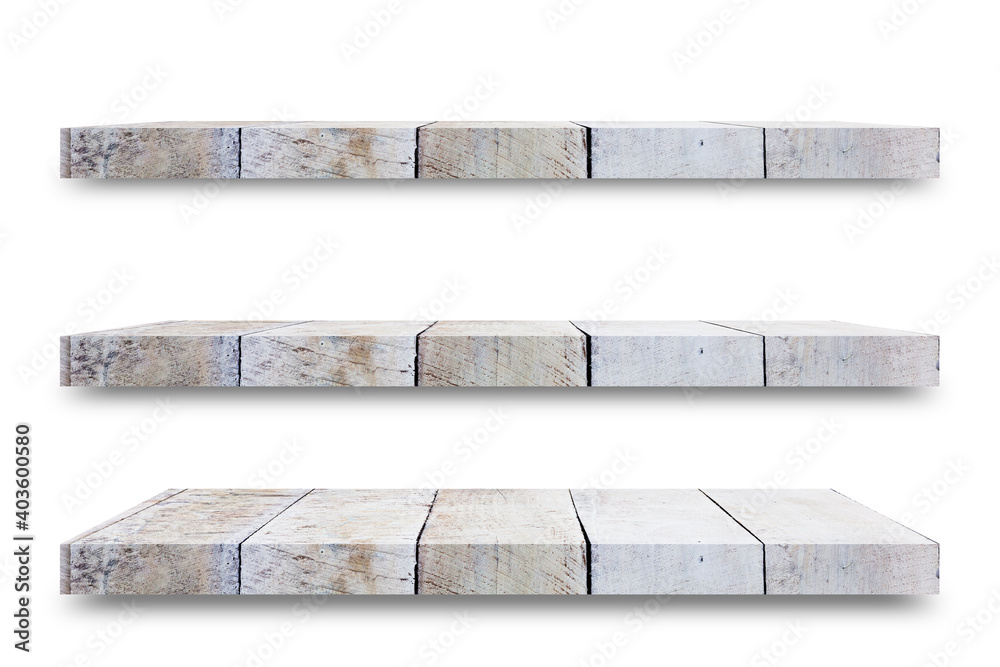 Fototapete Shelf wooden isolated on a white background and display montage for the product Embed Clipping Path separate with black shadows.