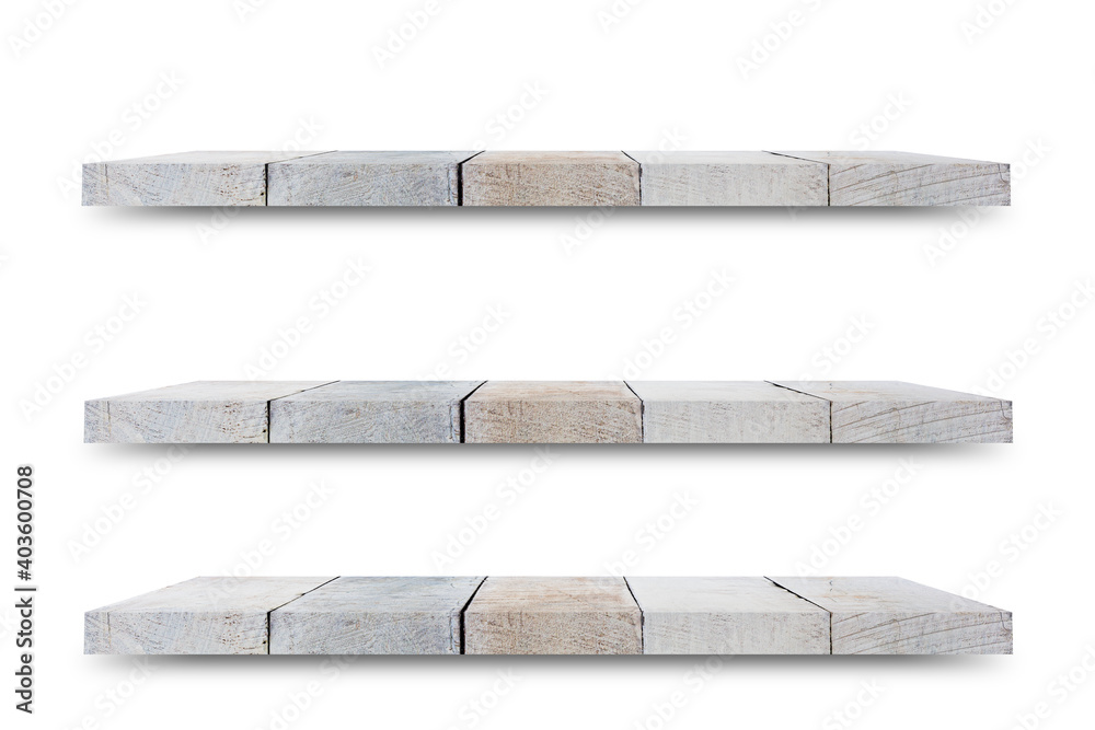 Poster Shelf wooden isolated on a white background and display montage for the product Embed Clipping Path separate with black shadows.