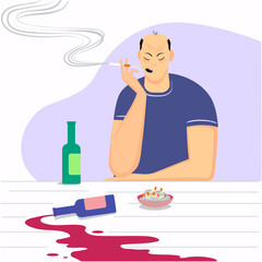 A man who smokes and drinks who leads an unhealthy lifestyle.
Vector image depicting a health problem related to smoking and alcohol.