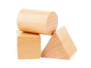 Photo of a wooden toy children's sorter with small wooden details in the form of geometric shapes (rectangle, square, circle, triangle), in different colors on a white isolated background