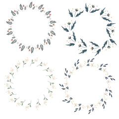 Hand drawn design of colorful floral wreaths elements set. For invitation and wedding card.Vector illustration design. Isolated white background.