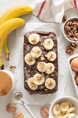 Banana bread cooking on kitchen table, top view
