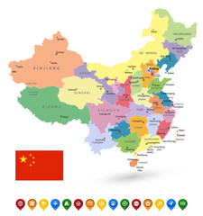 China Political Map Isolated on White and Map Pointers