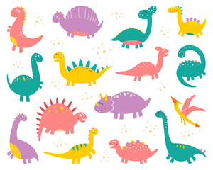 Vector collection of cute flat dinosaurs, including T-rex, Stegosaurus, Velociraptor, Pterodactyl, Brachiosaurus and Triceratop, isolated on white