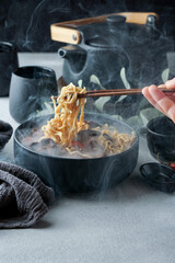 asian noodles soup with Shiitake, hot spicy soup