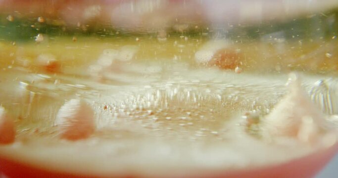 Fantastic structure of golden bubbles. Scientific experiment, chemical reactions. Chaotic motion, bubble flow expansion, curlicue of paints. Psychedelic liquid light show, ink patterns in water oil
