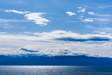 Landscape of lake Baikal sky, clouds and mountains