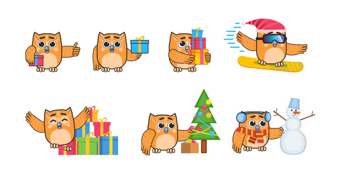 Cute owl characters in winter Christmas set. Cheerful owl holding gift box, decorating Christmas tree, riding snowboard and showing other actions. Modern vector illustration