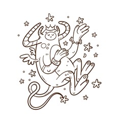 Naklejka premium Card with cute cartoon monster and stars. Funny animal print. Illustration for children. Fabulous doodle space creature poster.
