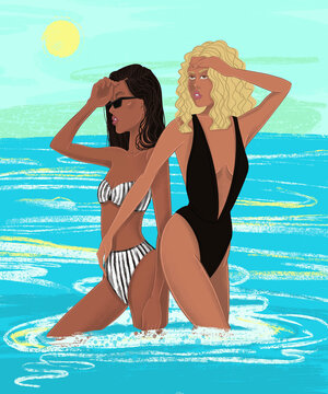 Fashion illustration with colorful paradise life for lifestyle design. Holiday concept. Design idea. B Bright sun. Healthy female body.
