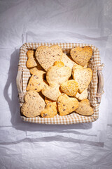 Heart shaped cookies in a basket for Valentine's Day