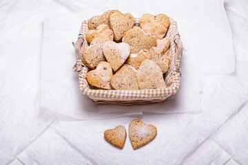 Heart shaped cookies in a basket for Valentine's Day