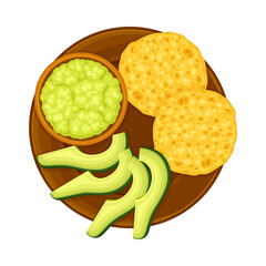 Wheat Tortilla with Avocado and Guacamole Sauce on Plate as Traditional Mexican Dish Vector Illustration