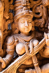 Beautiful Handcrafted Wooden Statues Of Indian Hindu Goddess Idol Lord Saraswati Devi Of Melodious Music And Knowledge