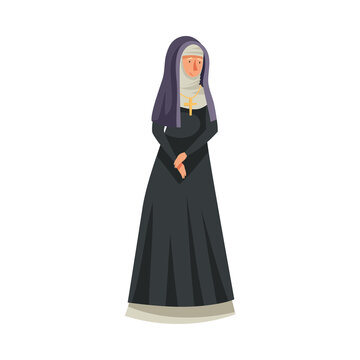 Medieval Woman Nun Or Vestal Wearing Black Gown Vector Illustration