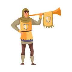 Medieval Man Herald or Messenger with Trumpet Vector Illustration - obrazy, fototapety, plakaty