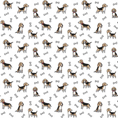 Beagle dogs vector seamless pattern on white background. Creative doodle style pattern with beagle dogs and bones for print, fabric, texture, wallpaper, wrapping, textile, etc. 
