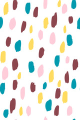 simple seamless pattern of chaotic paint stains hand drawing pink yellow blue dark brown on white background. Printing on fabric, wallpaper, cover, paper, template